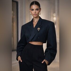 Vintage John Blair Double Breasted Cropped Navy Pinstripe Blazer - Unisex  XL